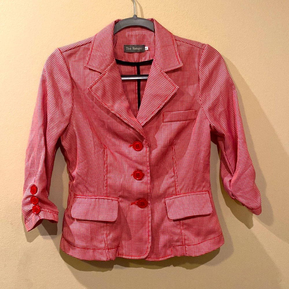 The Hanger Red Gingham Jacket Blazer sz Small front packets red buttons